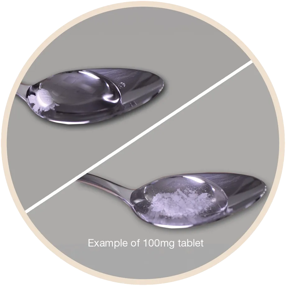 Siklos in a spoon dissolving in water